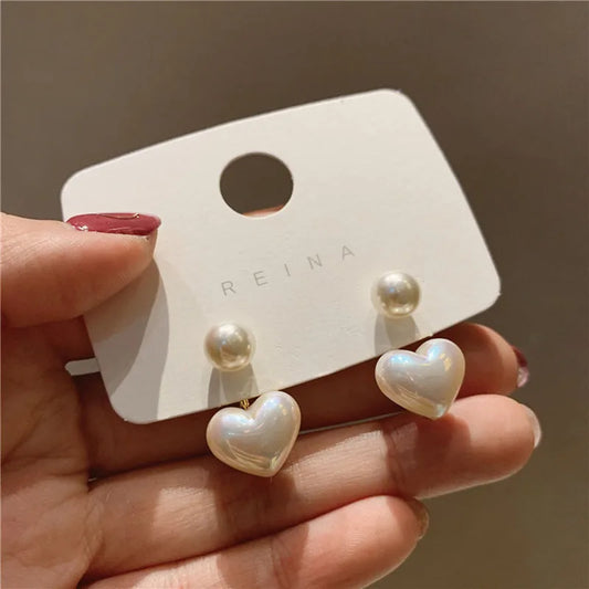 Pearl Heart & Round Stud Earrings