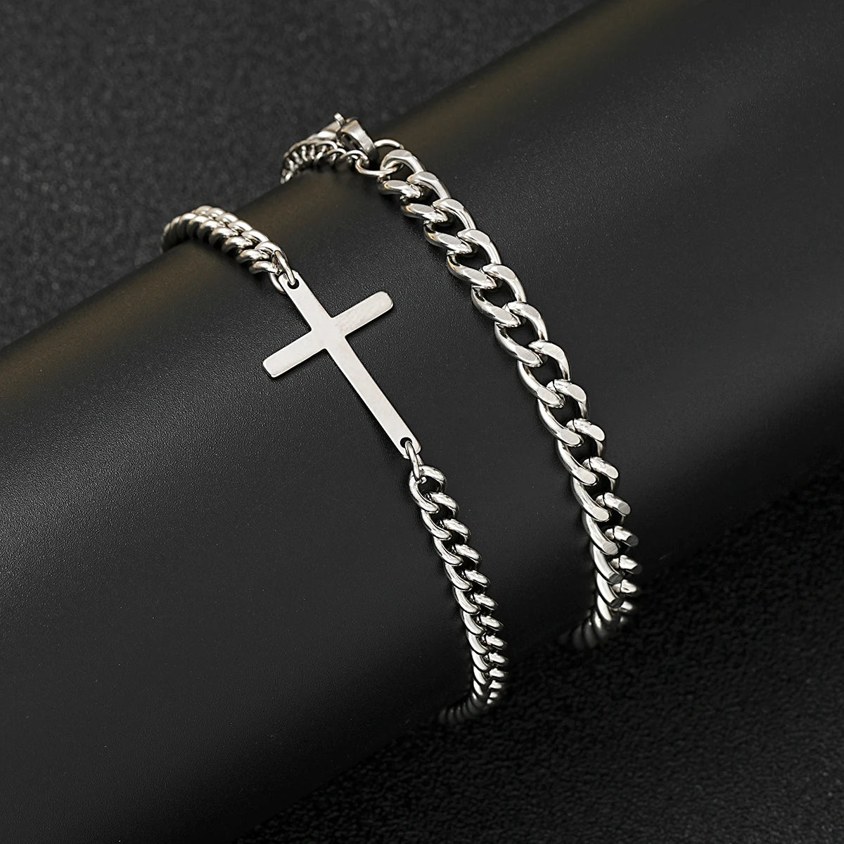 Stainless Steel Cross Cuban Chain Bracelet Set