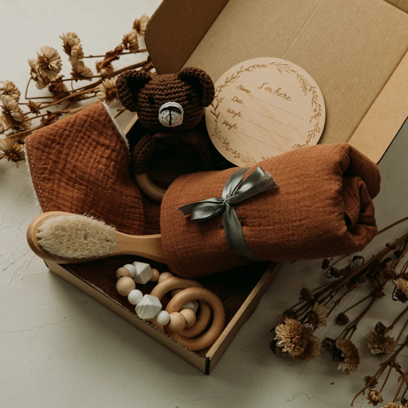 Baby Bath Towel Cotton Blanket Brush Gift Set