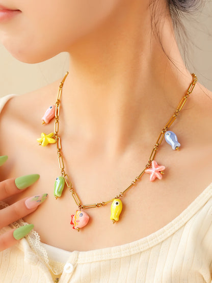Ceramic Starfish Fish Necklace