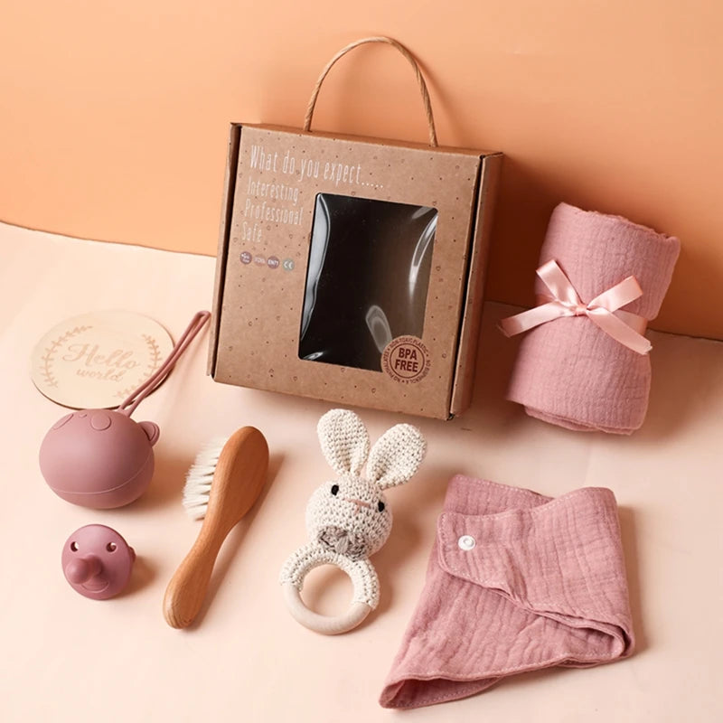 Baby Bath Towel Cotton Blanket Brush Gift Set