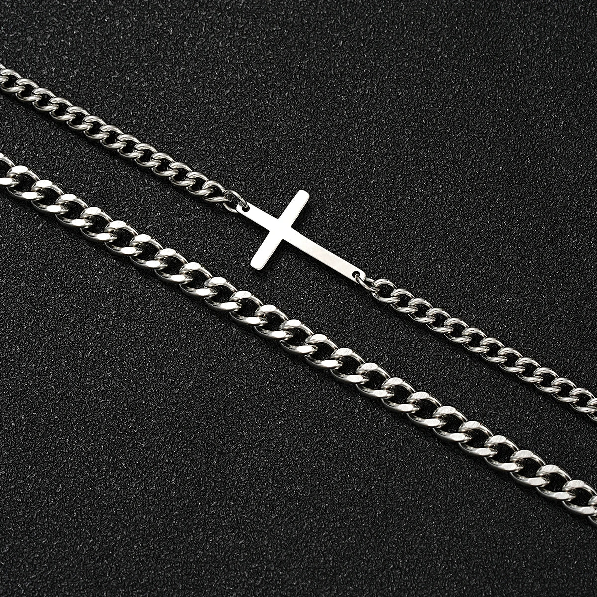 Stainless Steel Cross Cuban Chain Bracelet Set